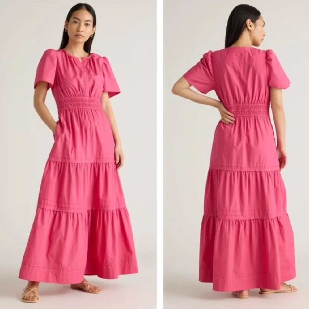 Quince Hot Pink Short-Sleeve Tiered Maxi Dress - Picture 1 of 13